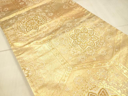 平和屋着物◎六通柄袋帯　亀甲花文　金糸　正絹　逸品　DAAU4162cm