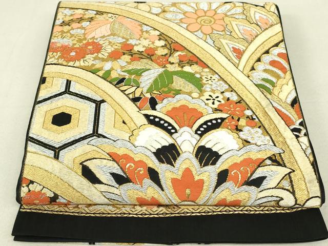 平和屋着物◎六通柄袋帯 唐織 更紗花文 黒地 金銀糸 正絹 逸品 DAAU4586qp