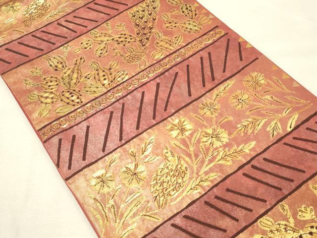 平和屋着物◎六通柄袋帯　金襴手　花鳥文　サボテン　金糸　正絹　逸品　DAAU4806qp