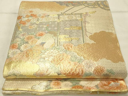 平和屋着物◎佐賀錦　六通柄袋帯　花鳥文　金糸　正絹　逸品　DAAU4822qp