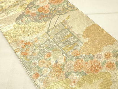 平和屋着物◎佐賀錦　六通柄袋帯　花鳥文　金糸　正絹　逸品　DAAU4822qp