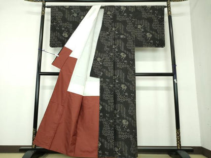 平和屋着物●上質な紬　麻の葉花文　黒地　正絹　逸品　DAAU5085ps