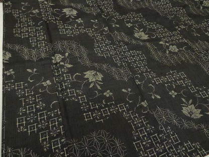 平和屋着物●上質な紬　麻の葉花文　黒地　正絹　逸品　DAAU5085ps