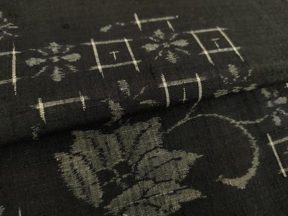 平和屋着物●上質な紬　麻の葉花文　黒地　正絹　逸品　DAAU5085ps