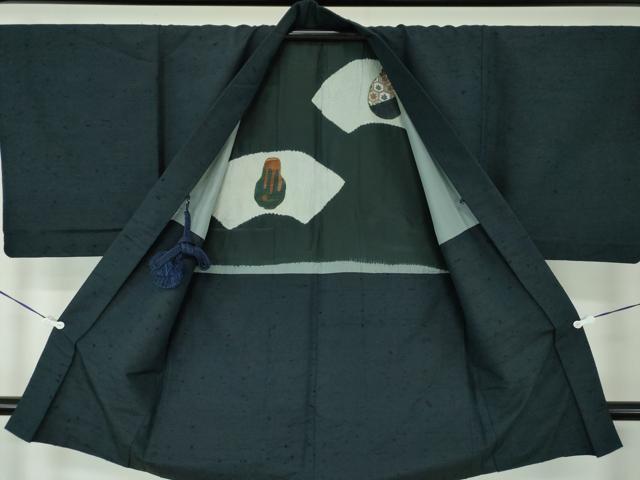 平和屋着物●男性 髭紬 アンサンブル 長羽織 濃紺地 正絹 逸品 DAAU5118ps