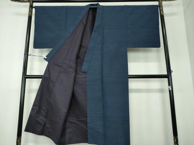 平和屋着物●男性 紬 アンサンブル 長羽織 色無地 濃紺地 正絹 逸品 DAAU5123ps