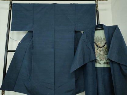 平和屋着物●男性 紬 アンサンブル 長羽織 色無地 濃紺地 正絹 逸品 DAAU5123ps