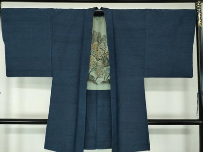 平和屋着物●男性 紬 アンサンブル 長羽織 色無地 濃紺地 正絹 逸品 DAAU5123ps
