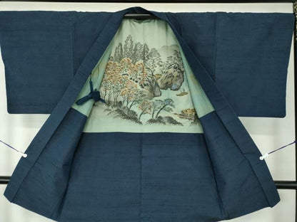 平和屋着物●男性 紬 アンサンブル 長羽織 色無地 濃紺地 正絹 逸品 DAAU5123ps