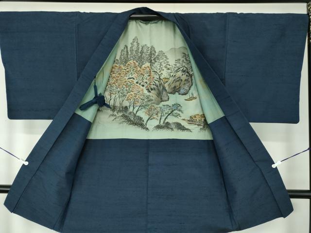 平和屋着物●男性 紬 アンサンブル 長羽織 色無地 濃紺地 正絹 逸品 DAAU5123ps