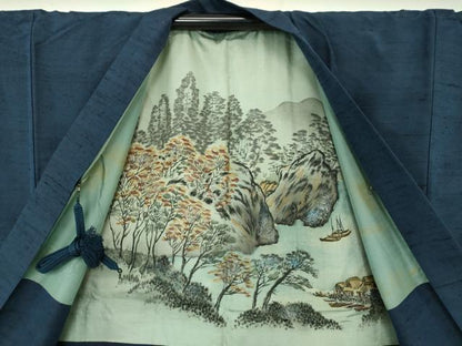 平和屋着物●男性 紬 アンサンブル 長羽織 色無地 濃紺地 正絹 逸品 DAAU5123ps