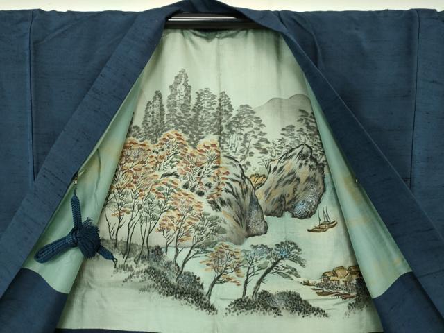 平和屋着物●男性 紬 アンサンブル 長羽織 色無地 濃紺地 正絹 逸品 DAAU5123ps