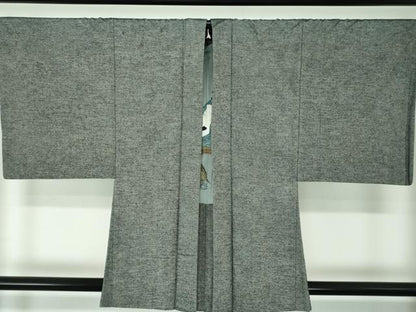 平和屋着物●男性　銀座もとじ　紬　アンサンブル・長襦袢(袷)セット　濃灰色　たとう紙付き　正絹　逸品　DAAU5124ps