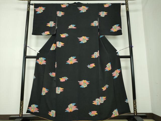 平和屋着物●上質な小紋 型染 折り鶴花文 黒地 正絹 逸品 DAAU5256ps