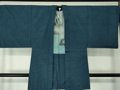 平和屋着物●男性 紬 アンサンブル 長羽織 色無地 紺地 正絹 逸品 DAAU5290ps