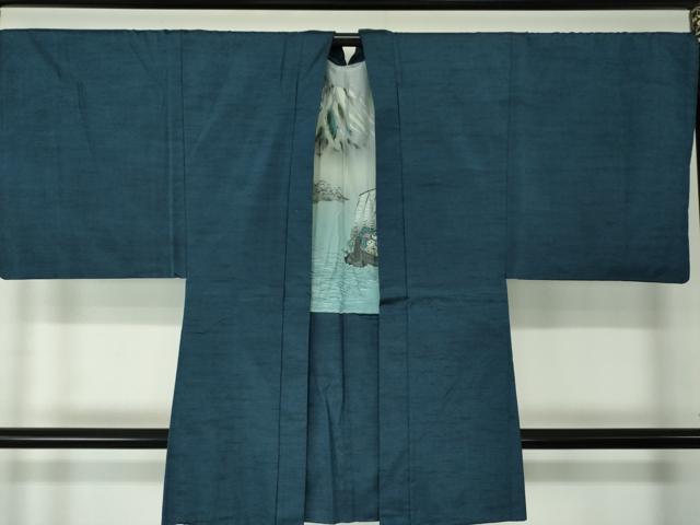 平和屋着物●男性 紬 アンサンブル 長羽織 色無地 紺地 正絹 逸品 DAAU5290ps