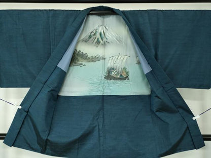 平和屋着物●男性 紬 アンサンブル 長羽織 色無地 紺地 正絹 逸品 DAAU5290ps