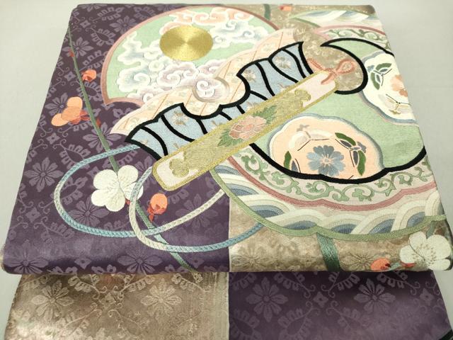 平和屋着物●アンティーク　大正ロマン　両面　太鼓柄袋帯　引き抜き帯　駒刺繍　総刺繍　鳥兜花文　金彩　楽器花文　逸品　DAAU5302ps