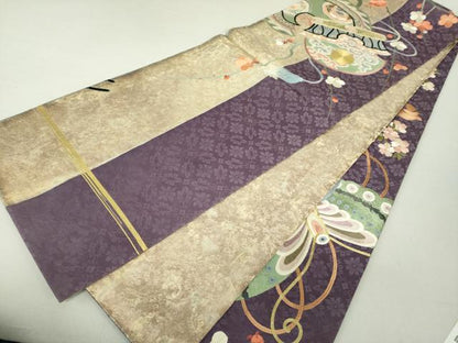 平和屋着物●アンティーク　大正ロマン　両面　太鼓柄袋帯　引き抜き帯　駒刺繍　総刺繍　鳥兜花文　金彩　楽器花文　逸品　DAAU5302ps