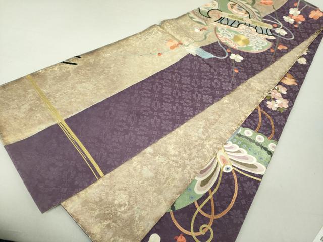 平和屋着物●アンティーク　大正ロマン　両面　太鼓柄袋帯　引き抜き帯　駒刺繍　総刺繍　鳥兜花文　金彩　楽器花文　逸品　DAAU5302ps