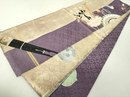 平和屋着物●アンティーク　大正ロマン　両面　太鼓柄袋帯　引き抜き帯　駒刺繍　総刺繍　鳥兜花文　金彩　楽器花文　逸品　DAAU5302ps