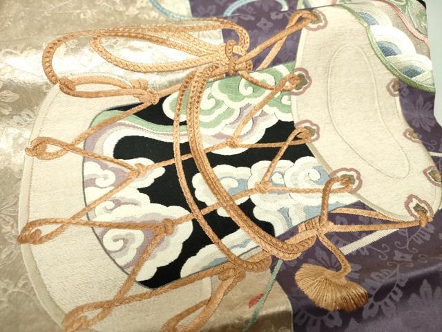 平和屋着物●アンティーク　大正ロマン　両面　太鼓柄袋帯　引き抜き帯　駒刺繍　総刺繍　鳥兜花文　金彩　楽器花文　逸品　DAAU5302ps