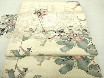 平和屋着物●アンティーク 大正ロマン 九寸名古屋帯 手描き 駒刺繍 異国人物狩猟風景 象 金糸 正絹 逸品 DAAU5307ps