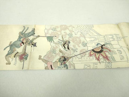 平和屋着物●アンティーク 大正ロマン 九寸名古屋帯 手描き 駒刺繍 異国人物狩猟風景 象 金糸 正絹 逸品 DAAU5307ps