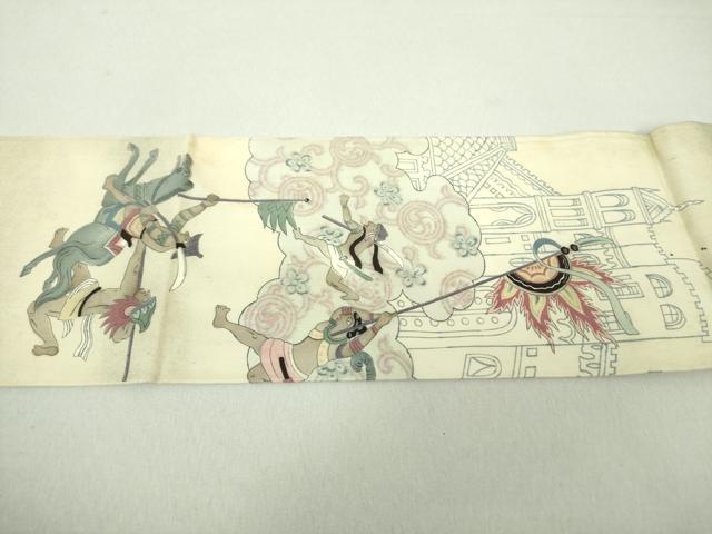 平和屋着物●アンティーク 大正ロマン 九寸名古屋帯 手描き 駒刺繍 異国人物狩猟風景 象 金糸 正絹 逸品 DAAU5307ps