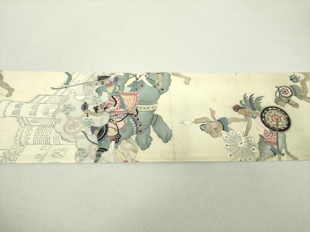 平和屋着物●アンティーク 大正ロマン 九寸名古屋帯 手描き 駒刺繍 異国人物狩猟風景 象 金糸 正絹 逸品 DAAU5307ps