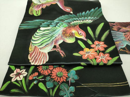 平和屋着物●アンティーク　大正ロマン　九寸名古屋帯　手描き　花鳥文　黒地　金彩　正絹　逸品　DAAU5308ps