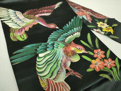 平和屋着物●アンティーク　大正ロマン　九寸名古屋帯　手描き　花鳥文　黒地　金彩　正絹　逸品　DAAU5308ps