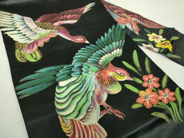 平和屋着物●アンティーク　大正ロマン　九寸名古屋帯　手描き　花鳥文　黒地　金彩　正絹　逸品　DAAU5308ps