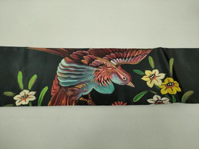 平和屋着物●アンティーク　大正ロマン　九寸名古屋帯　手描き　花鳥文　黒地　金彩　正絹　逸品　DAAU5308ps