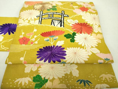 平和屋着物●アンティーク　大正ロマン　九寸名古屋帯　駒刺繍　吉祥風景花文　鬼しぼ縮緬　金糸　正絹　逸品　DAAU5309ps