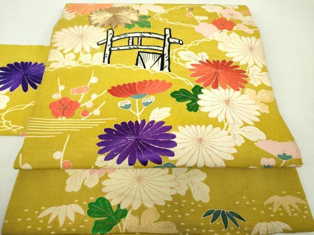 平和屋着物●アンティーク　大正ロマン　九寸名古屋帯　駒刺繍　吉祥風景花文　鬼しぼ縮緬　金糸　正絹　逸品　DAAU5309ps