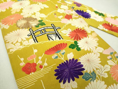 平和屋着物●アンティーク　大正ロマン　九寸名古屋帯　駒刺繍　吉祥風景花文　鬼しぼ縮緬　金糸　正絹　逸品　DAAU5309ps