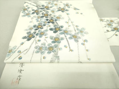 平和屋着物●塩瀬　九寸名古屋帯　渓雲作　枝垂れ梅　金彩　正絹　逸品　DAAU5323ps
