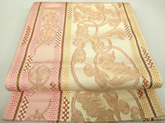 平和屋着物●本場筑前博多織 八寸名古屋帯 更紗花唐草間道 正絹 逸品 未使用 DAAU5329ps