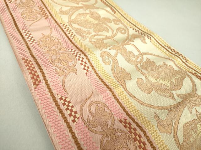 平和屋着物●本場筑前博多織 八寸名古屋帯 更紗花唐草間道 正絹 逸品 未使用 DAAU5329ps