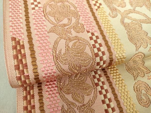 平和屋着物●本場筑前博多織 八寸名古屋帯 更紗花唐草間道 正絹 逸品 未使用 DAAU5329ps