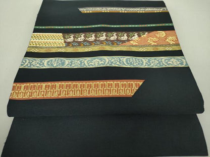 平和屋着物●綴れ　八寸名古屋帯　名物裂　花兎　荒磯　黒地　金糸　正絹　逸品　DAAU5331ps