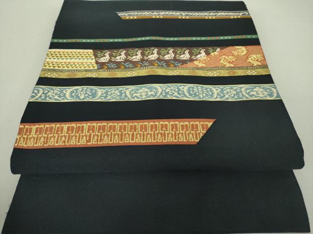 平和屋着物●綴れ　八寸名古屋帯　名物裂　花兎　荒磯　黒地　金糸　正絹　逸品　DAAU5331ps