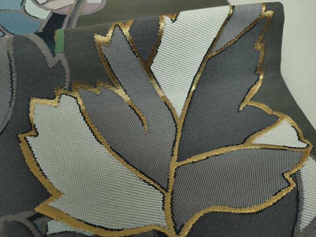 袋帯 全通 紬 花模様 木の実 リーフ模様 着物 103b p 袋帯 全通 紬 花