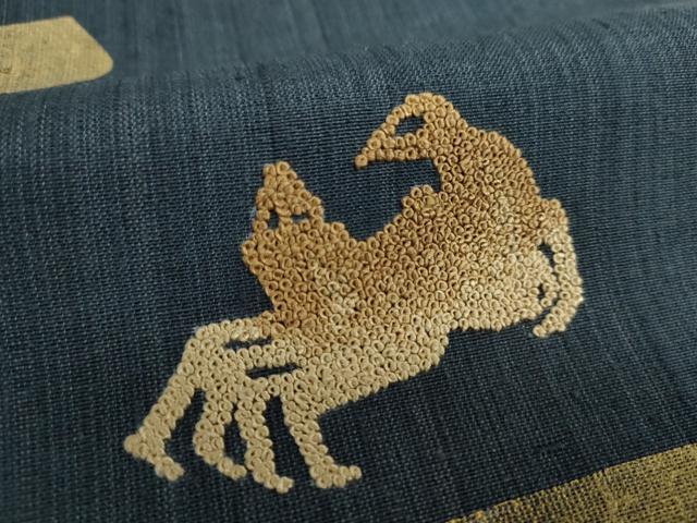 平和屋着物▽中国三大刺繍 相良刺繍 太鼓柄袋帯 紬地 スリーシーズン帯 春 夏 秋 蟹 金彩 正絹 逸品 DAAU5413ps