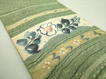 平和屋着物▽太鼓柄袋帯 スリーシーズン帯 春 夏 秋 すくい織 草花文 正絹 逸品 DAAU5423ps
