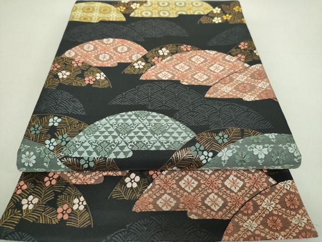 平和屋着物●六通柄袋帯 唐織 遠山花文 黒地 金糸 正絹 逸品 DAAU5441ps