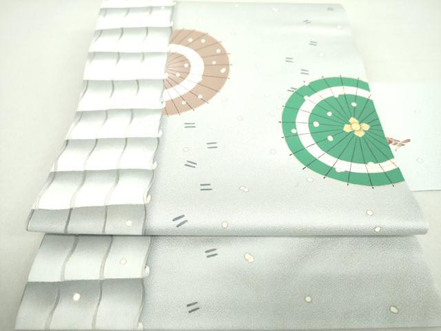 平和屋着物●九寸名古屋帯　作家物　番傘　雪景色　雀　金彩　正絹　逸品　DAAU5459ps