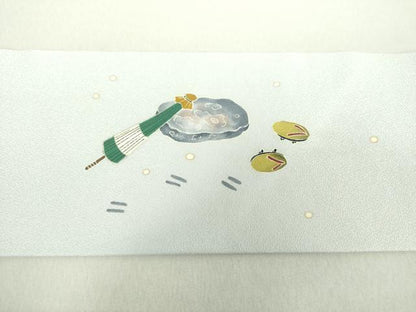 平和屋着物●九寸名古屋帯　作家物　番傘　雪景色　雀　金彩　正絹　逸品　DAAU5459ps