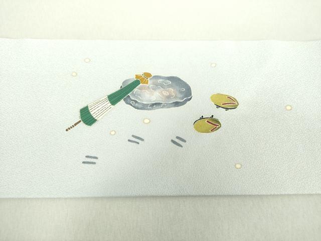 平和屋着物●九寸名古屋帯　作家物　番傘　雪景色　雀　金彩　正絹　逸品　DAAU5459ps